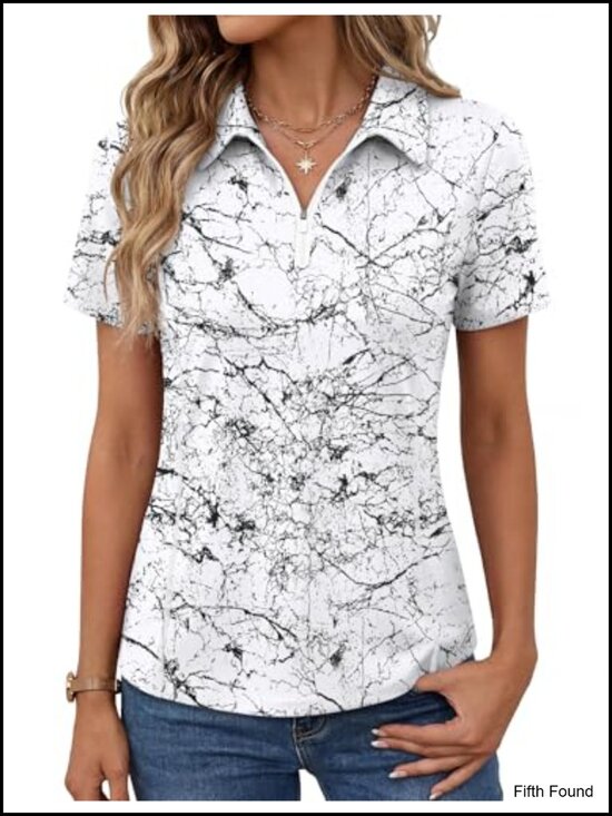 Tops - Women's Short Sleeve Athletic Polo Quarter Zip Stretch Top for Golf Tennis